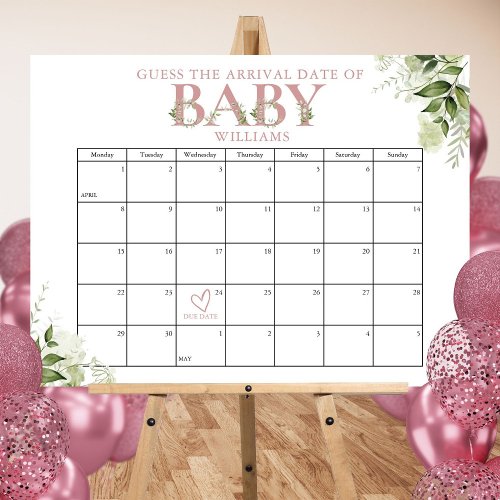 Guess The Arrival Date Greenery Pink Baby Shower Foam Board