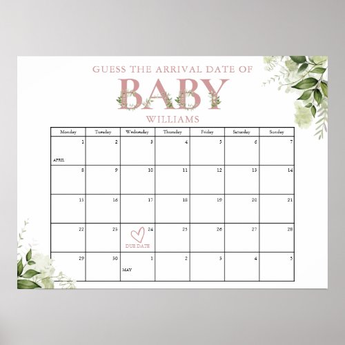 Guess The Arrival Date Greenery Pink Baby Shower Poster