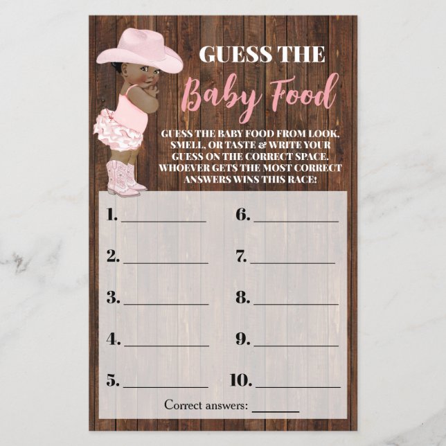 Guess the Baby Food AA Cowgirl Shower Game Card Flyer (Front)
