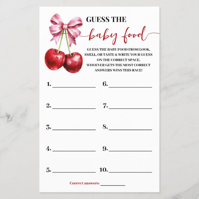 Guess the Baby Food Cherry Baby Shower Game Card Flyer (Front)