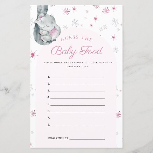 Guess The Baby Food Elephant Pink Baby Shower Game - Guess The Baby Food Elephant Pink Baby Shower Game,
Elephant Girl Pink Winter Baby Shower Game,
Baby It's Cold Outside Themed Baby Shower. 
Pink Snowflake Elephant Winter Girl Baby Shower Game Card.
This watercolor baby shower game card features snowflakes with pink baby elephant and snowflakes. It is perfect for winter, rustic, holiday pink girl baby shower.
You can edit/personalize whole Template.
If you need any help or matching products, please contact me. I am happy to create the most beautiful personalized products for you!