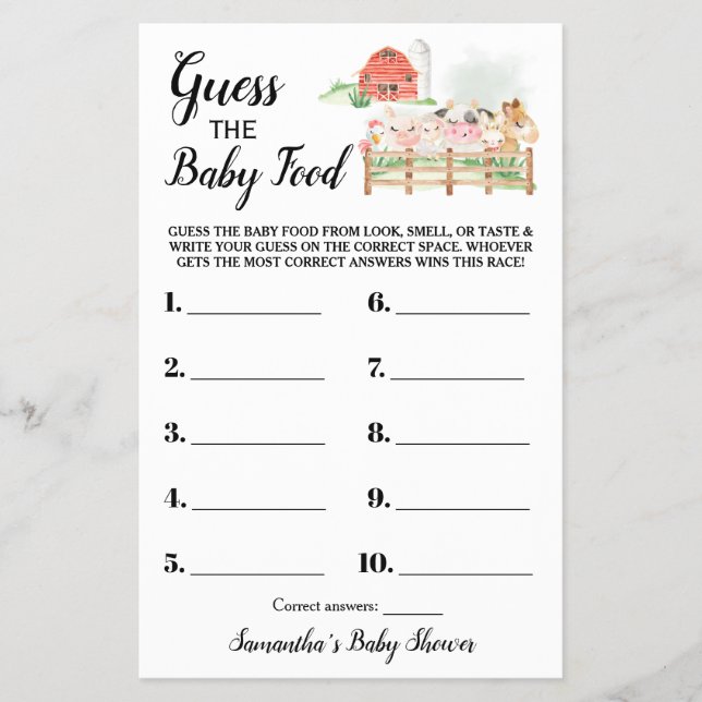 Guess the Baby Food Farm Baby Shower Game Card Flyer (Front)