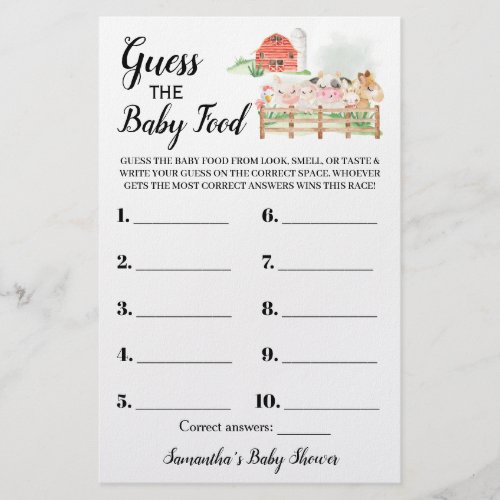 Guess the Baby Food Farm Baby Shower Game Card Flyer