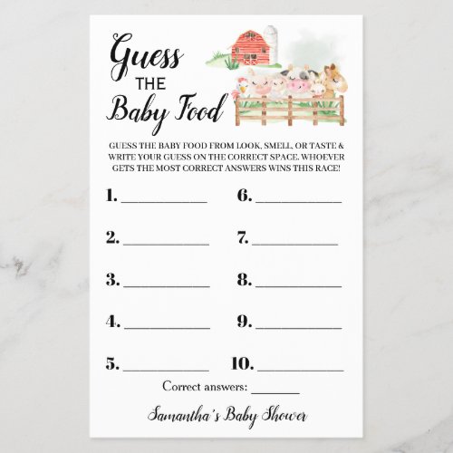 Guess the Baby Food Farm Baby Shower Game Card Flyer