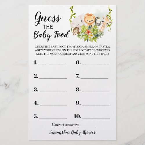 Guess the Baby Food Jungle Baby Shower Game Card Flyer
