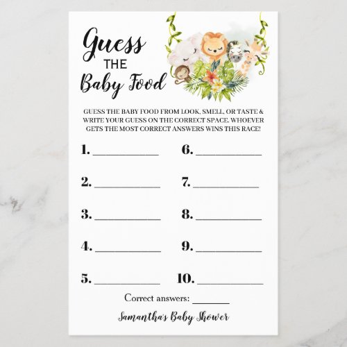 Guess the Baby Food Jungle Baby Shower Game Card Flyer