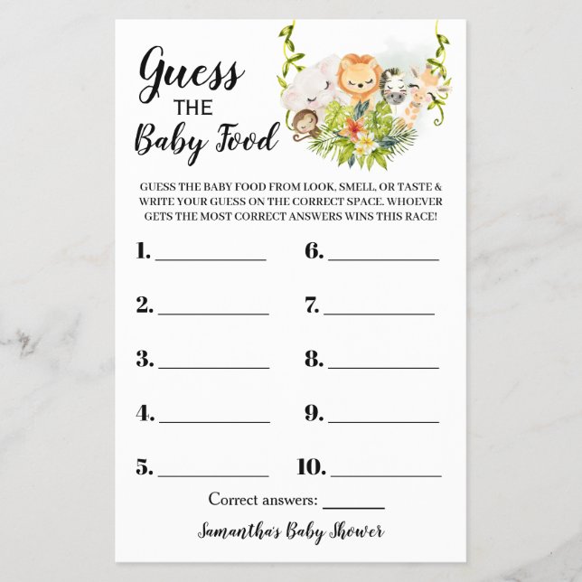 Guess the Baby Food Jungle Baby Shower Game Card Flyer (Front)