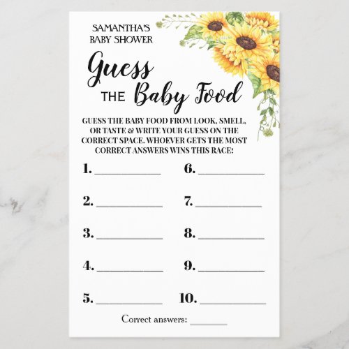 Guess the Baby food shower game card Flyer