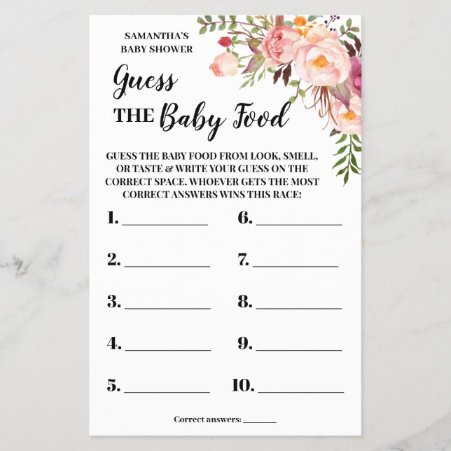 Guess the Baby food shower pink game card Flyer (Front)