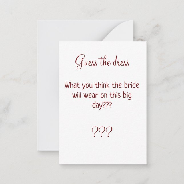 guess the bride dress bridal shower game note card (Front)