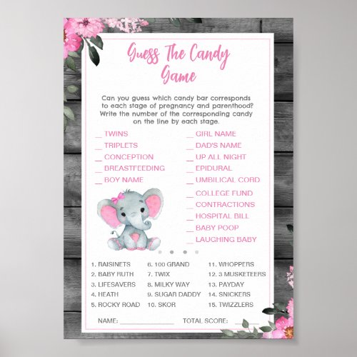 Guess the Candy Baby Shower Game Elephant Pink Poster