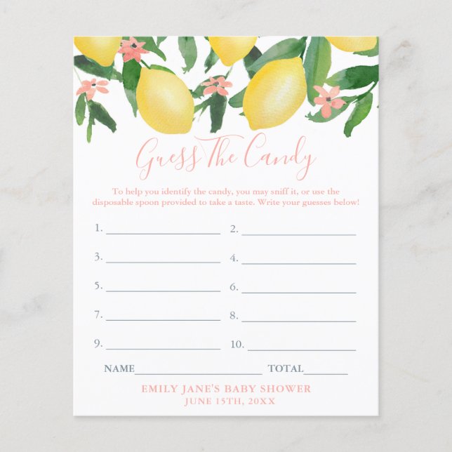 Guess The Candy Lemons Girl Baby Shower Game Card Flyer (Front)
