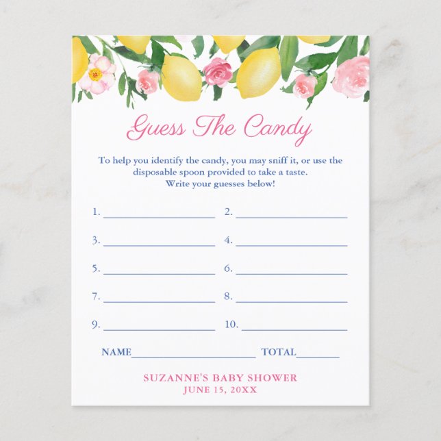 Guess The Candy Lemons Pink Baby Shower Game Card Flyer (Front)