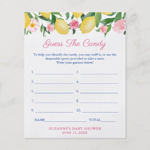 Guess The Candy Lemons Pink Baby Shower Game Card Flyer