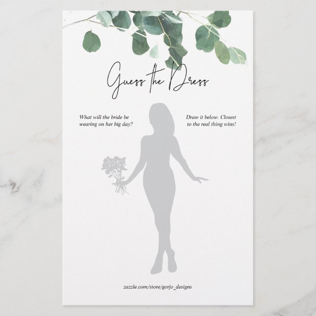 Guess the Dress Bridal Shower Game Eucalyptus Leaf (Front)