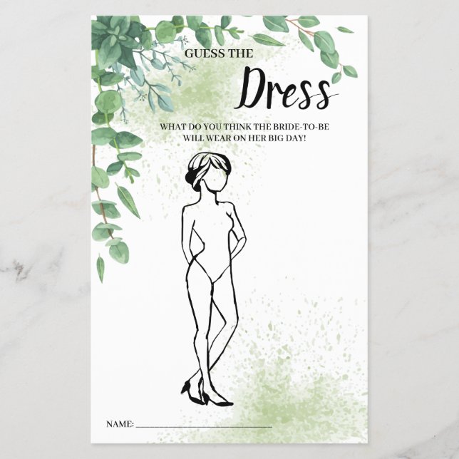 Guess the Dress Eucalyptus Bridal Shower Game Card Flyer (Front)