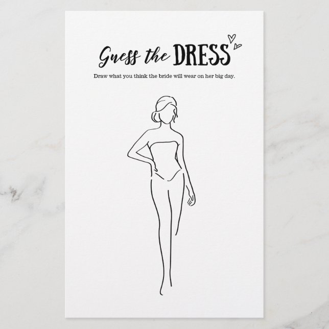 Guess The Dress Game for Wedding or Bridal Shower (Front)