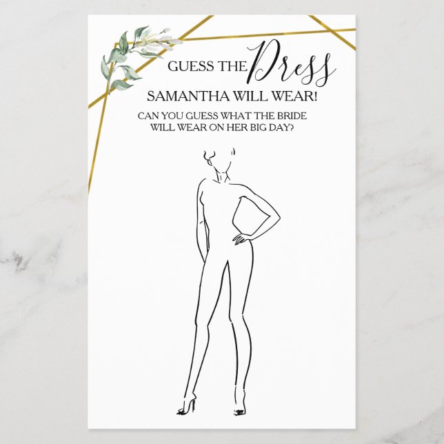 Guess the Dress Greenery Gold Shower Game Card Flyer (Front)