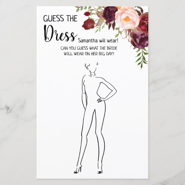 Guess the Dress Marsala Flowers Bridal Shower Game (Front)