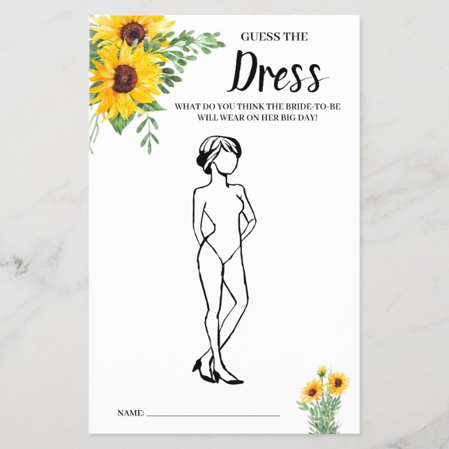 Guess the Dress Sunflowers Bridal Shower Game Card Flyer (Front)