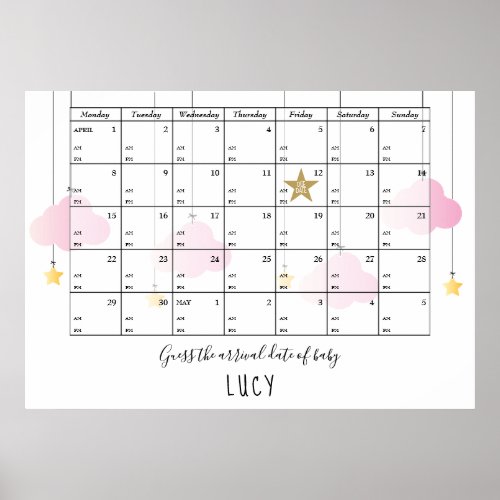 Guess The Due Date And Time Stars Baby Shower Game Poster