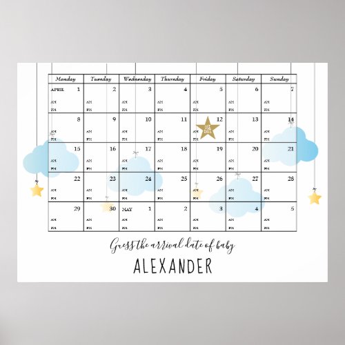 Guess The Due Date And Time Stars Baby Shower Game Poster