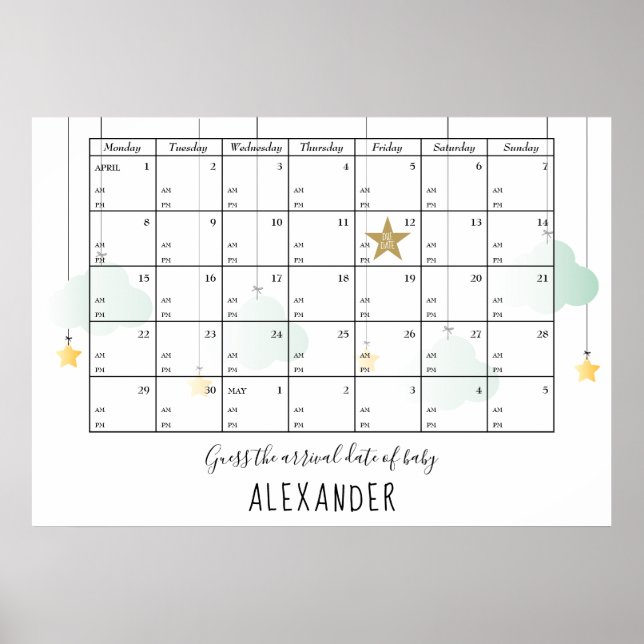 Guess The Due Date And Time Stars Baby Shower Game Poster (Front)