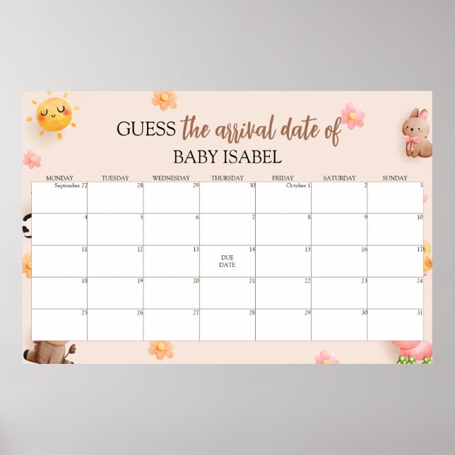 Guess The Due Date Baby Shower Calendar  Poster (Front)