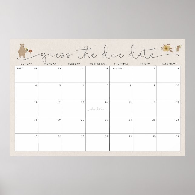 Guess the Due Date Boho Woodland Baby Shower  Poster (Front)