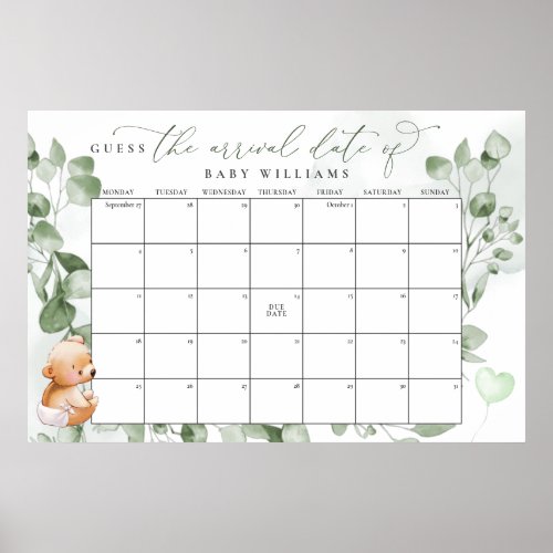 Guess The Due Date Calendar Bear Poster