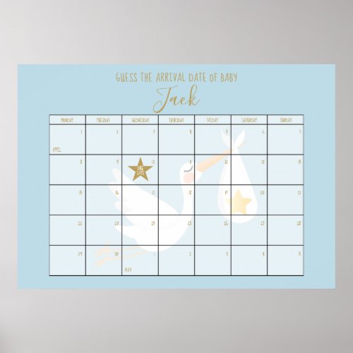 Guess The Due Date Calendar Blue Baby Shower Game Poster