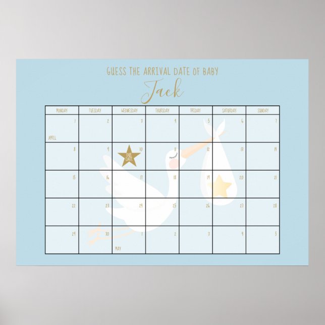 Guess The Due Date Calendar Blue Baby Shower Game Poster (Front)