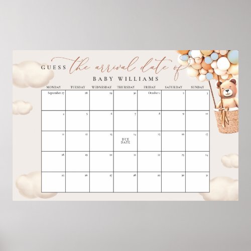 Guess The Due Date Calendar Blue Bear Poster