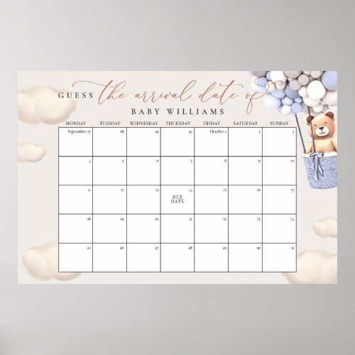 Guess The Due Date Calendar Blue Grey Bear Poster