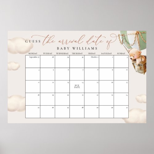 Guess The Due Date Calendar Green Bear Poster