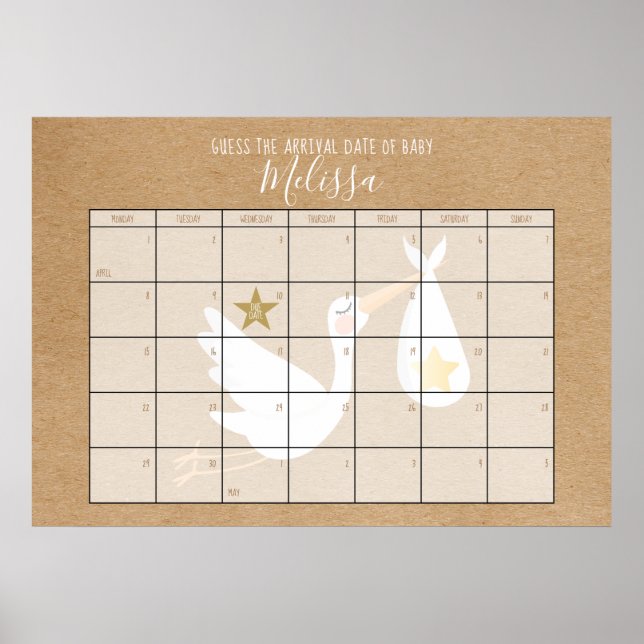 Guess The Due Date Calendar Kraft Baby Shower Game Poster (Front)