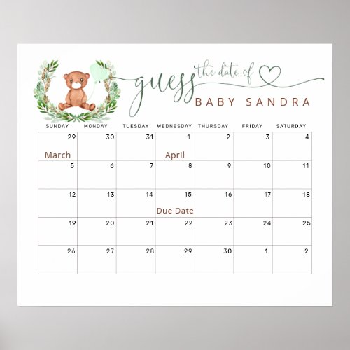 Guess The Due Date Calendar Teddy Bear Poster