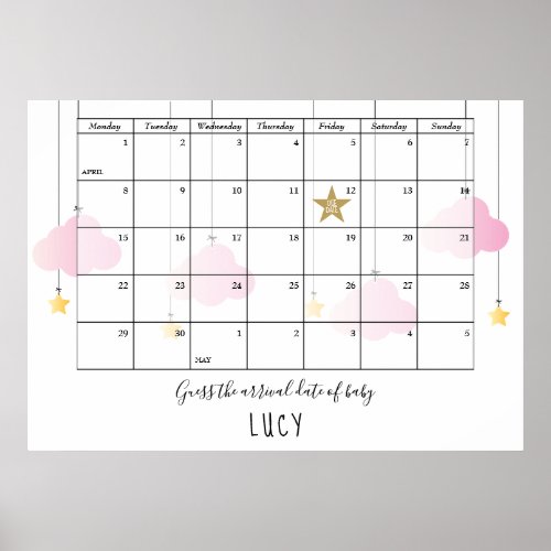 Guess The Due Date Clouds Stars Baby Shower Game Poster