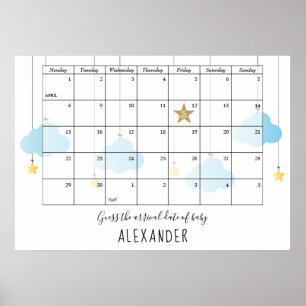 Guess The Due Date Clouds Stars Baby Shower Game Poster