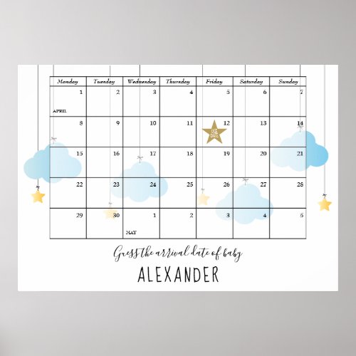 Guess The Due Date Clouds Stars Baby Shower Game Poster