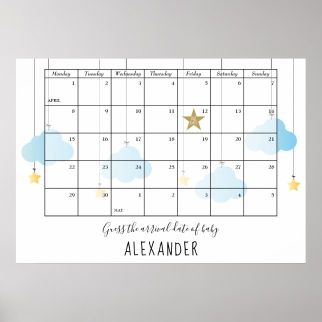 Guess The Due Date Clouds Stars Baby Shower Game Poster (Front)