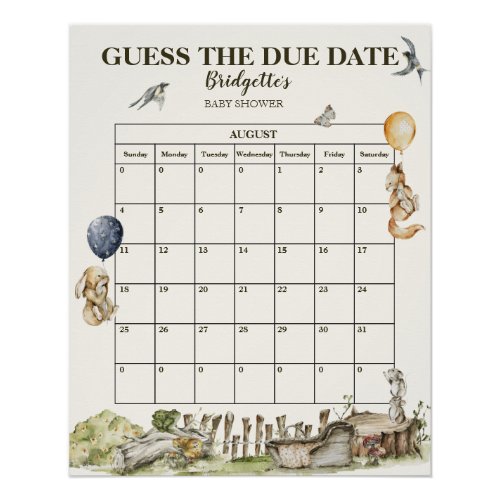 Guess The Due Date Forest Watercolor Baby Shower Poster