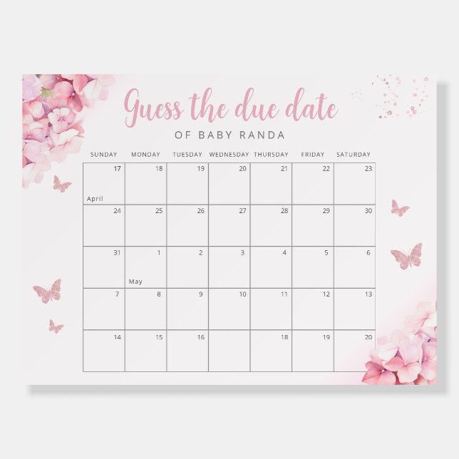 Guess the Due Date Pink Butterfly Baby Shower Game Foam Board (Front)