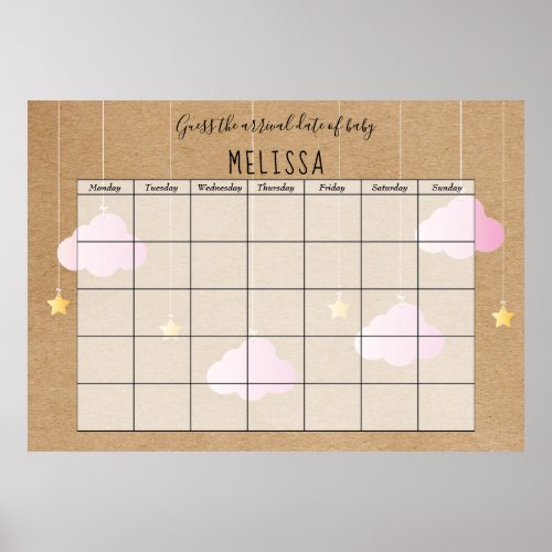 Guess The Due Date Rustic Pink Clouds Gold Stars Poster