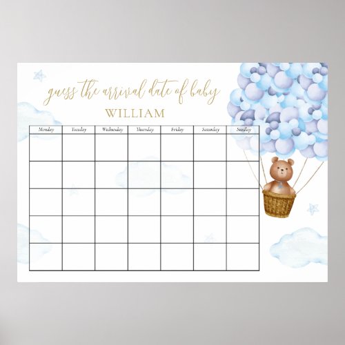 Guess The Due Date Teddy Bear Blue Balloons Poster