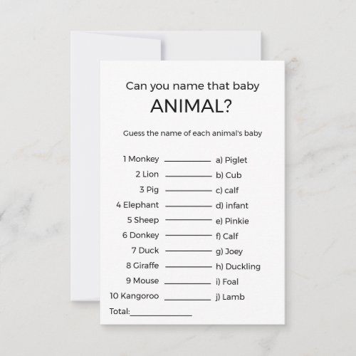 guess the name baby animal baby shower game Card