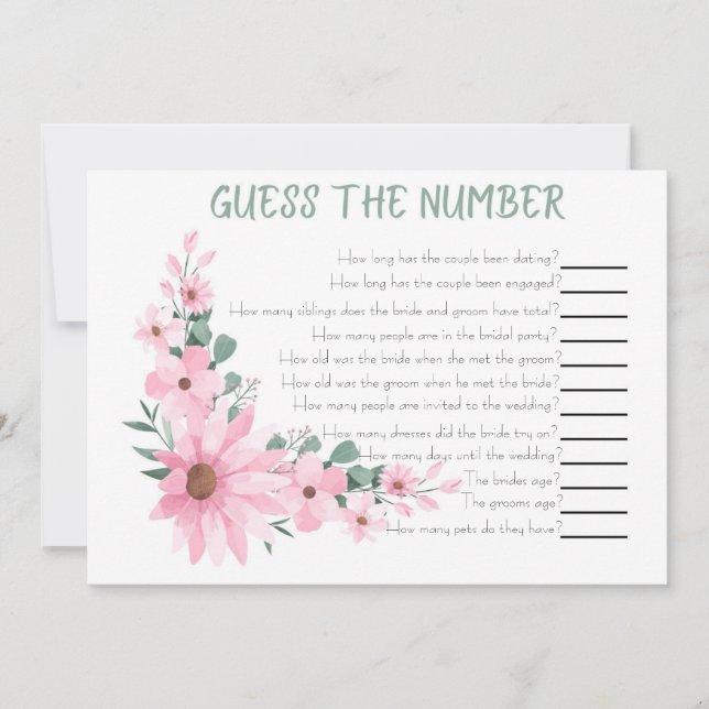 Guess The Number Bridal Shower Game Pink Flowers Note Card (Front)