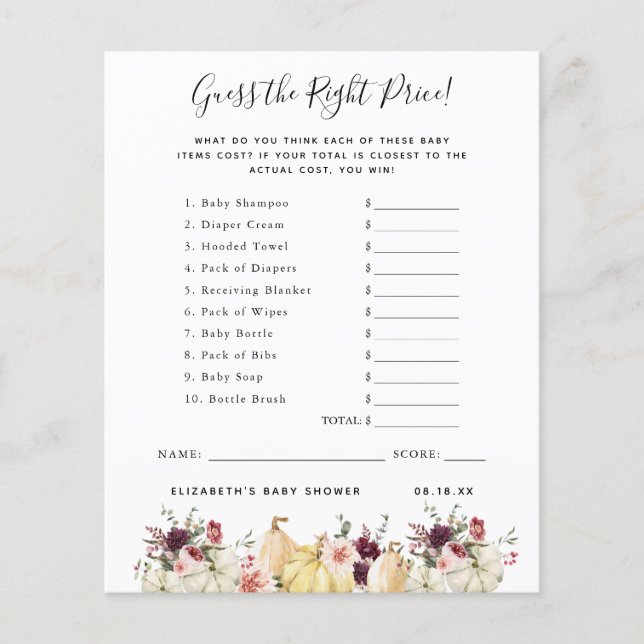 Guess The Price | Baby Shower Game (Front)