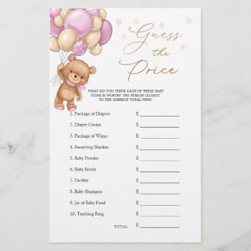 Guess the Price Bear Balloons Baby Shower Game