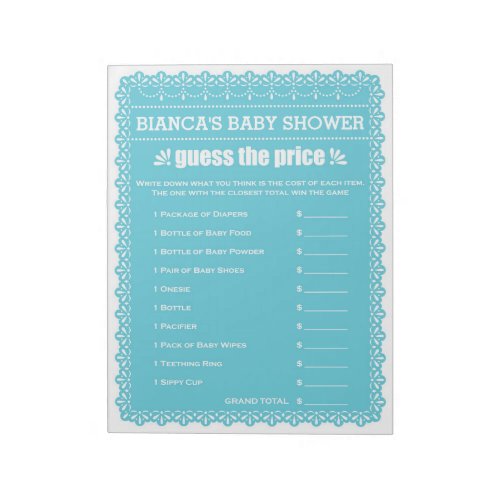 Guess The Price Blue Papel Picado Baby Shower Notepad